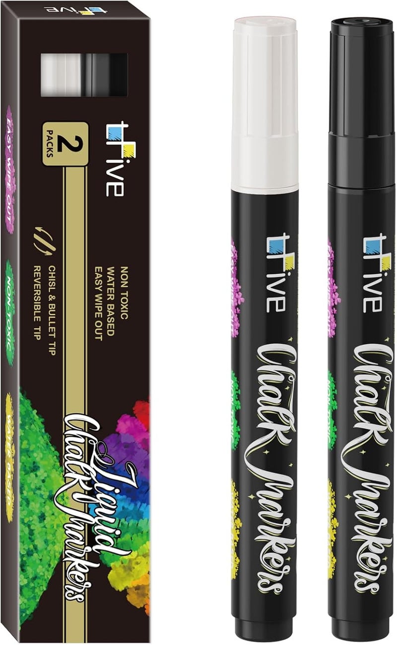 TFIVE White&Black Liquid Chalk Markers - 2 Pack Bright Colors Erasable Chalk Marker Pens, Reversible Tip, Non-Toxic, for Chalkboards, Signs, Glass, Easy to use Chalk markers TF800 - Image 1